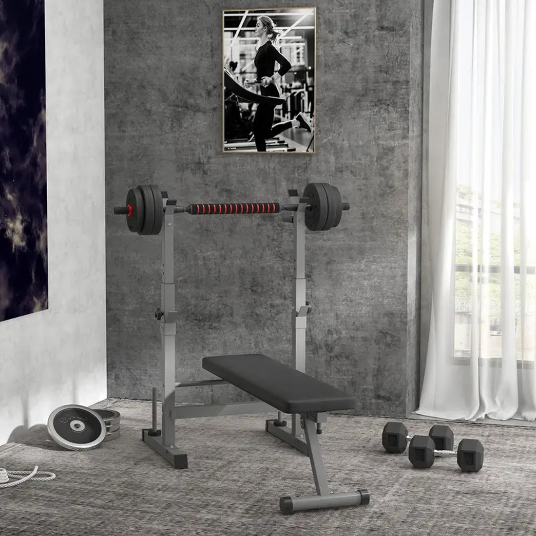 Adjustable Weight Bench with Dip Station & Barbell Rack | Foldable Heavy-Duty Bench Press for Strength Training & Workouts