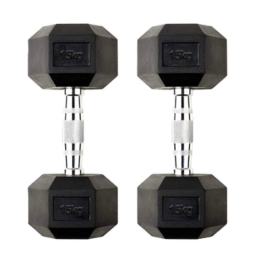 Hex Dumbbell Pair 15kg – Rubber-Coated Cast Iron Weights with Anti-Roll Hex Design – 2 x 15kg Dumbbells for Strength Training & Home Gym – Hex Dumbbell Set UK
