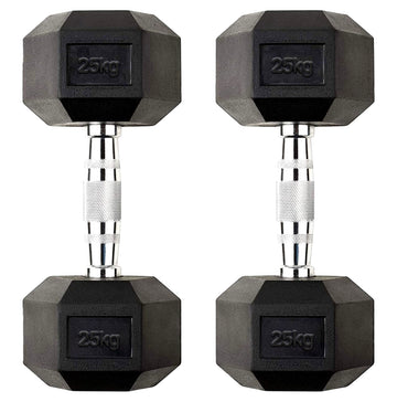 Hex Dumbbell Pair 25kg – Rubber-Coated Cast Iron Weights with Anti-Roll Hex Design & Knurled Chrome Handles – 2 x 25kg Dumbbells for Strength Training & Home Gym – Hex Dumbbell UK