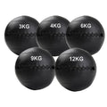 Set of five black weighted medicine balls with weight markings on a white background