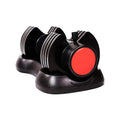 Black and red dumbbell with striped design on a white background