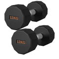 Pair of black hexagonal dumbbells with '12KG' marking on a white background