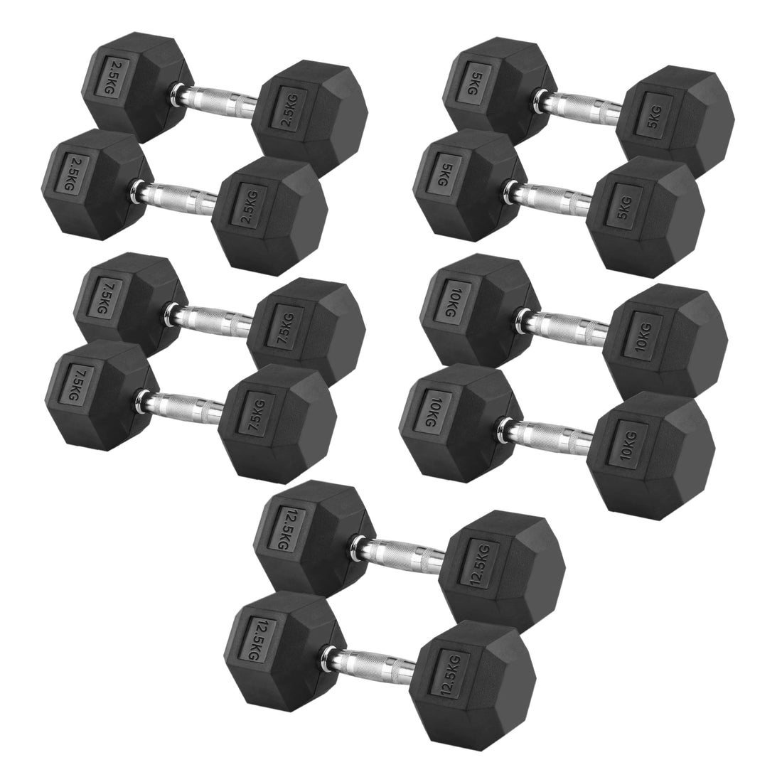 Hex Dumbbell Set 5 Pairs (2.5kg-25kg) - Rubber-Coated Cast Iron with Optional 5 Tier Rack for UK Home Gym Training