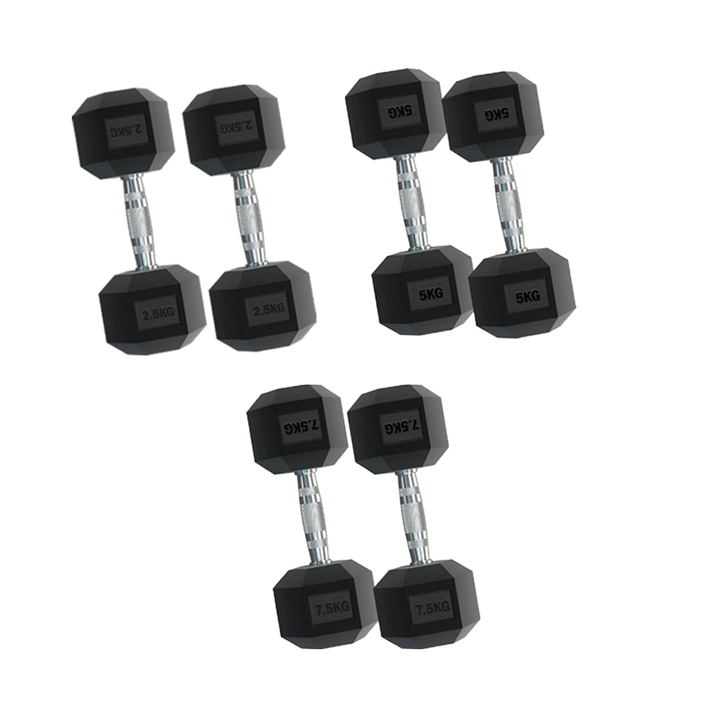 Hex Dumbbell Set 3 Pairs (2.5kg-15kg) - Rubber-Coated Weights with Optional Vertical 3 Tier Rack for UK Home Gym
