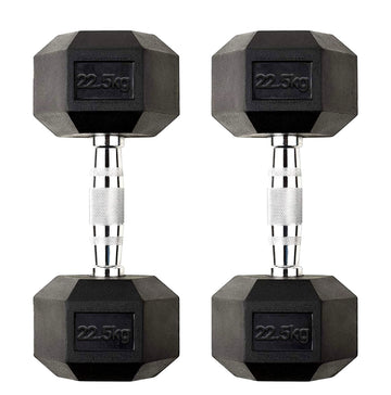 Hex Dumbbell Pair 22.5kg – Rubber-Coated Cast Iron Dumbbells with Anti-Roll Hex Heads & Chrome Handles – 2 x 22.5kg Free Weights for Home Gym Strength Training – Hex Dumbbell UK