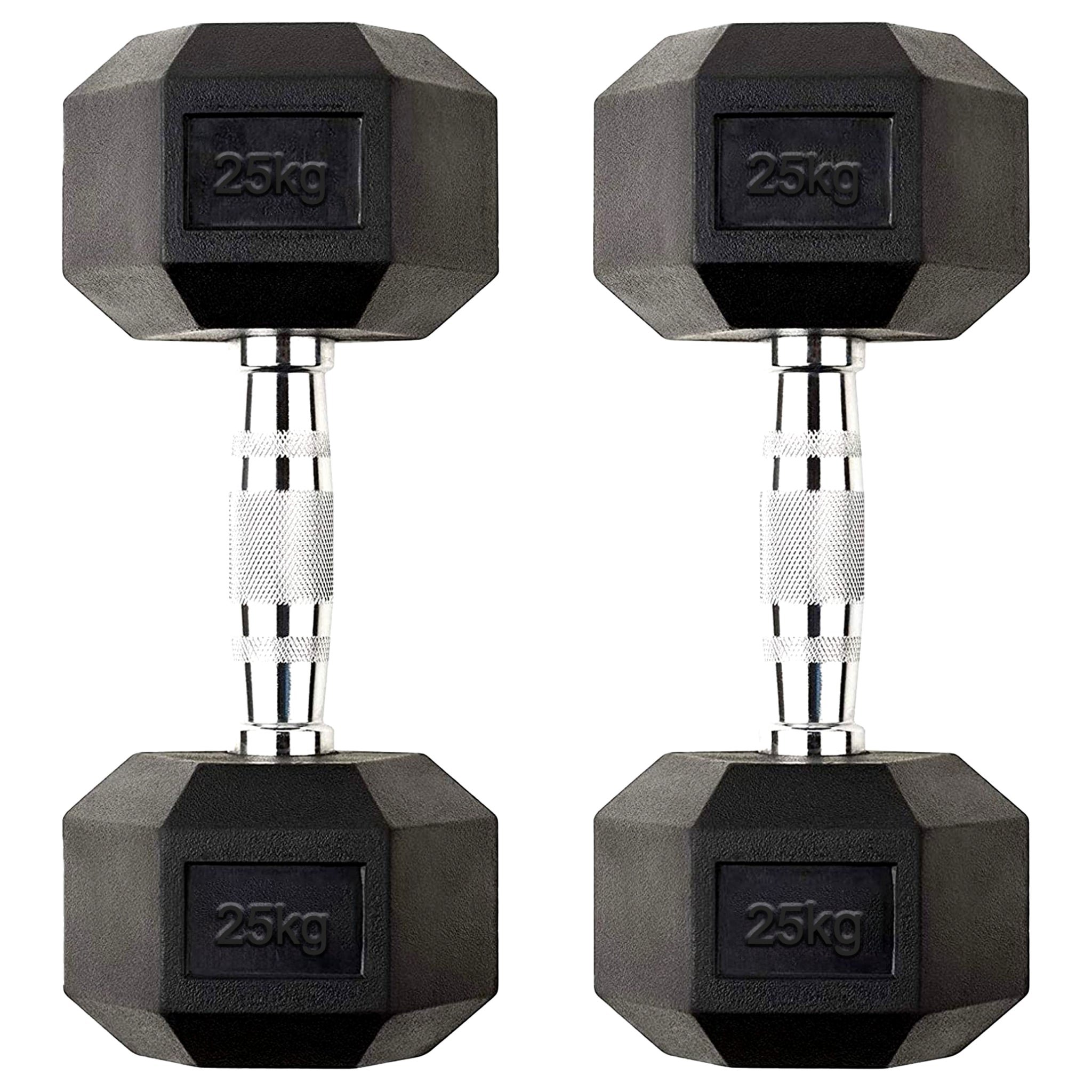 Hex Dumbbell Pair 25kg – Rubber-Coated Cast Iron Weights with Anti-Roll Hex Design & Knurled Chrome Handles – 2 x 25kg Dumbbells for Strength Training & Home Gym – Hex Dumbbell UK