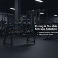 Kettlebell storage rack in a gym with text highlighting features