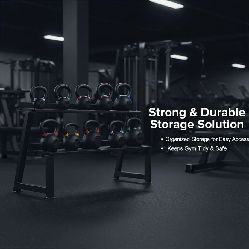 Kettlebell storage rack in a gym with text highlighting features