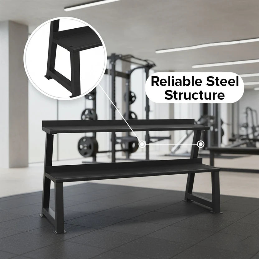 Black metal bench in a gym setting with text highlighting 'Reliable Steel Structure'.