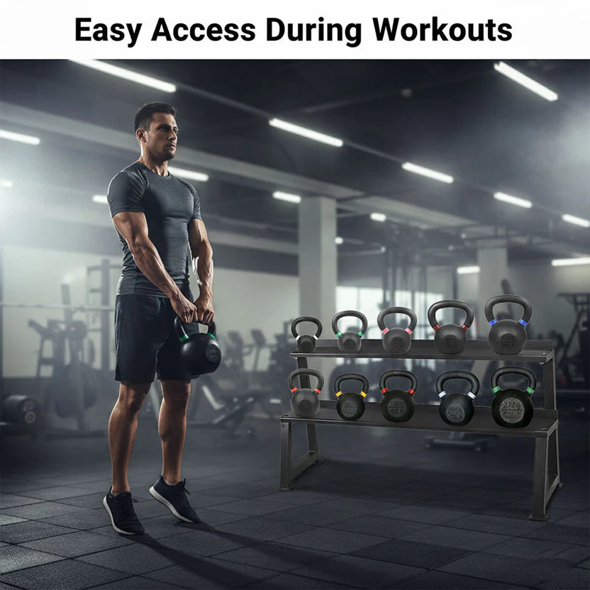 Man holding a kettlebell with a rack of kettlebells in a gym setting