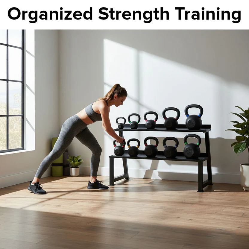 Woman exercising with kettlebells in a home gym setting