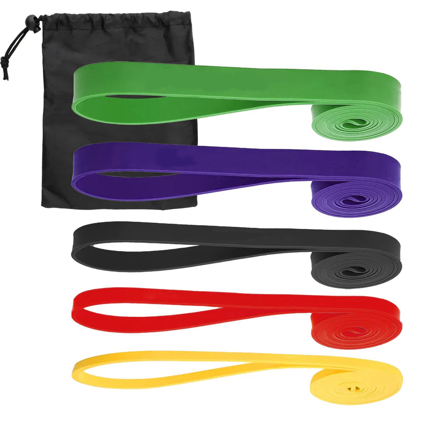 Black resistance band set with red and yellow bands and a black drawstring bag on a white background