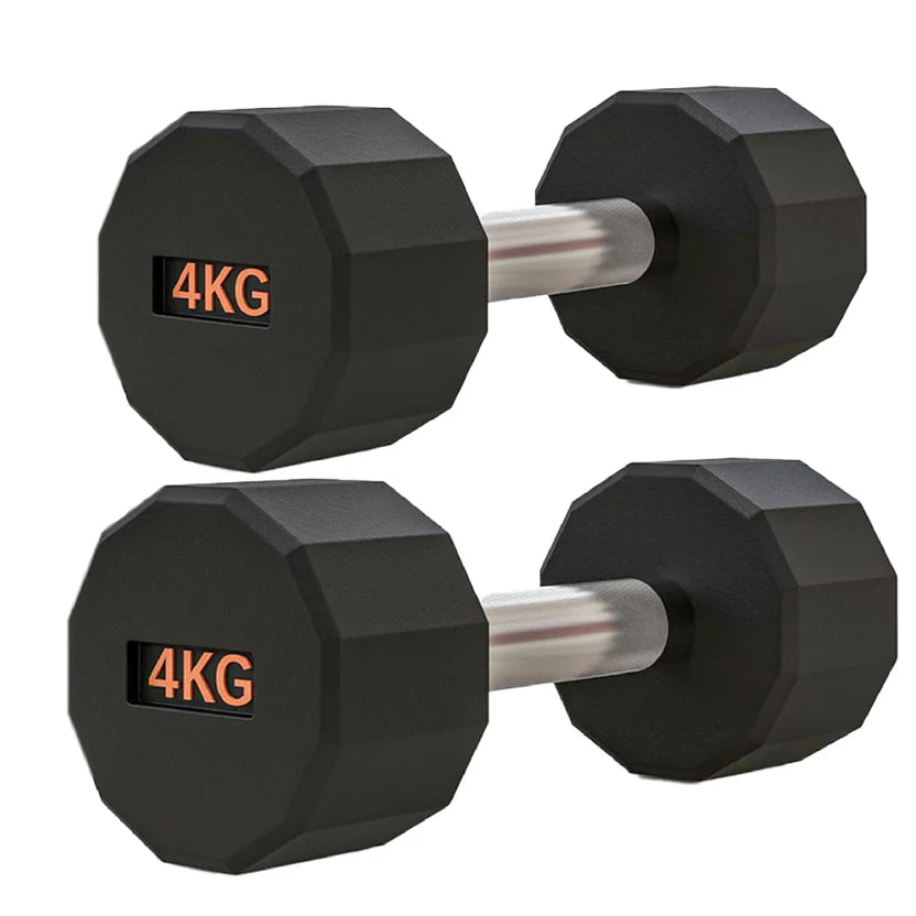 Pair of black hexagonal dumbbells with '2KG' marking on a white background