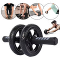 Black ab roller with people using it in various poses on a white background