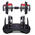Pair of adjustable dumbbells with a black stand on a white background