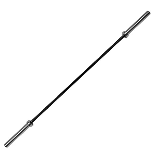 Barbell with weight plates and attachments on a white background