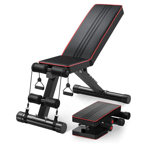 Black adjustable weight bench with red accents on a white background