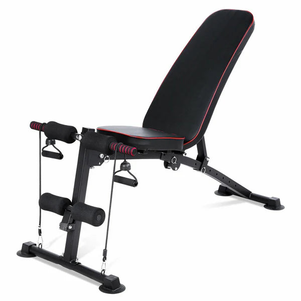 Black adjustable weight bench with red accents on a white background