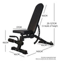 Black adjustable weight bench with dimensions labeled on a white background