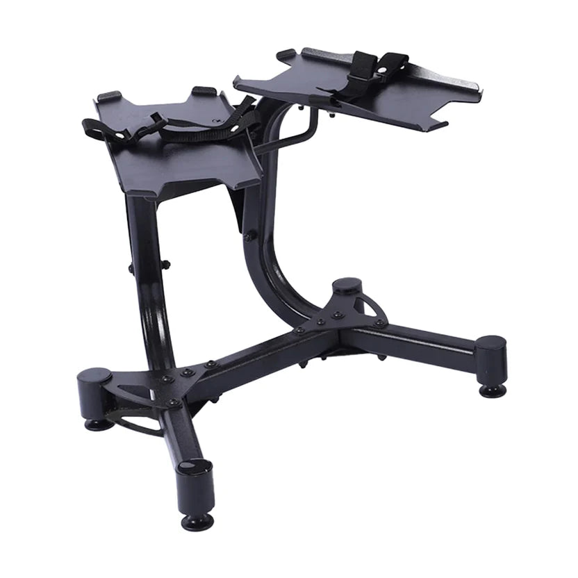 Black adjustable stand with two platforms on a white background