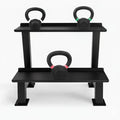 Black weight rack with three kettlebells on a white background