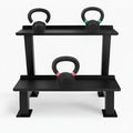 Black weight rack with three kettlebells on a white background