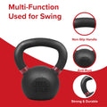 Black kettlebell with features highlighted on a red and white background