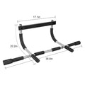 Black and silver pull-up bar with measurements on a white background
