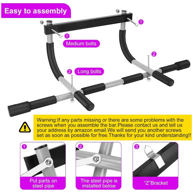 Gym bar assembly instructions with labeled parts and warnings.