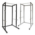 Black and silver power rack on a white background