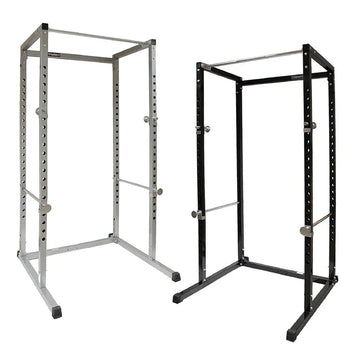 Two metal power rack frames, one silver and one black, on a white background.