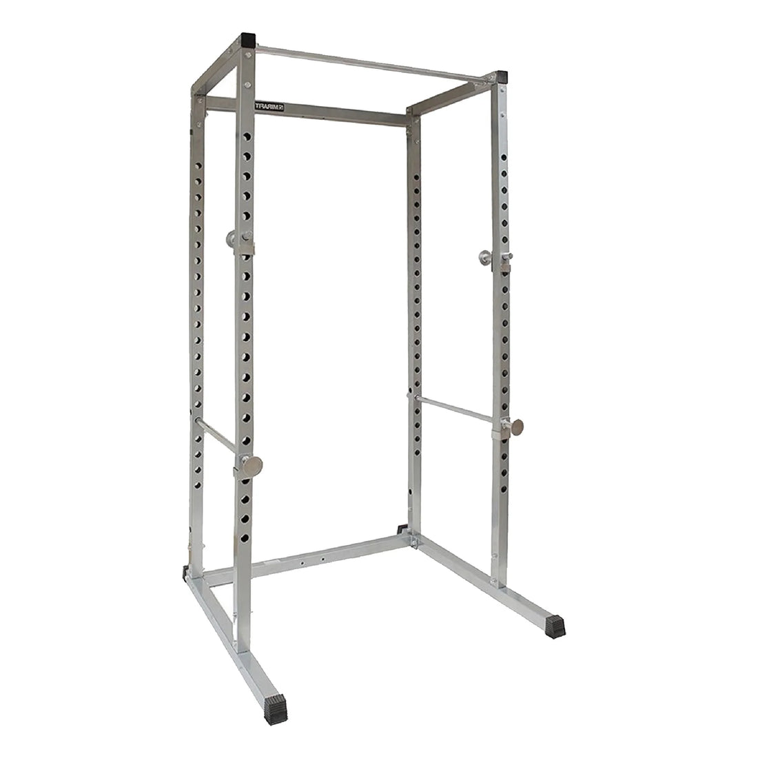 Two metal power rack frames, one silver and one black, on a white background.