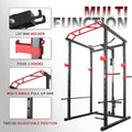 Multifunctional gym power rack with various attachments on a gray background