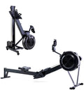 Two views of a black rowing machine on a white background