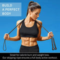 Woman using a skipping rope with text about calorie burn and weight loss on a blue background