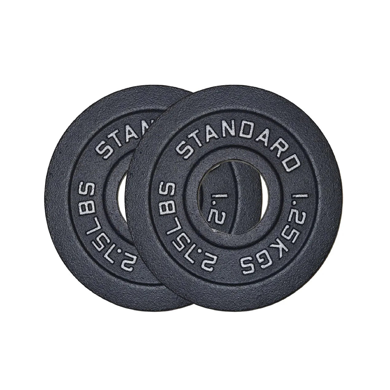 Two black weight plates with 'Standard' and '2.75KGS' text on a white background