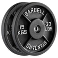 Two black weight plates with measurement labels on a white background