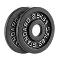 Two black weight plates with 'Standard 2.5KGS' marking on a white background