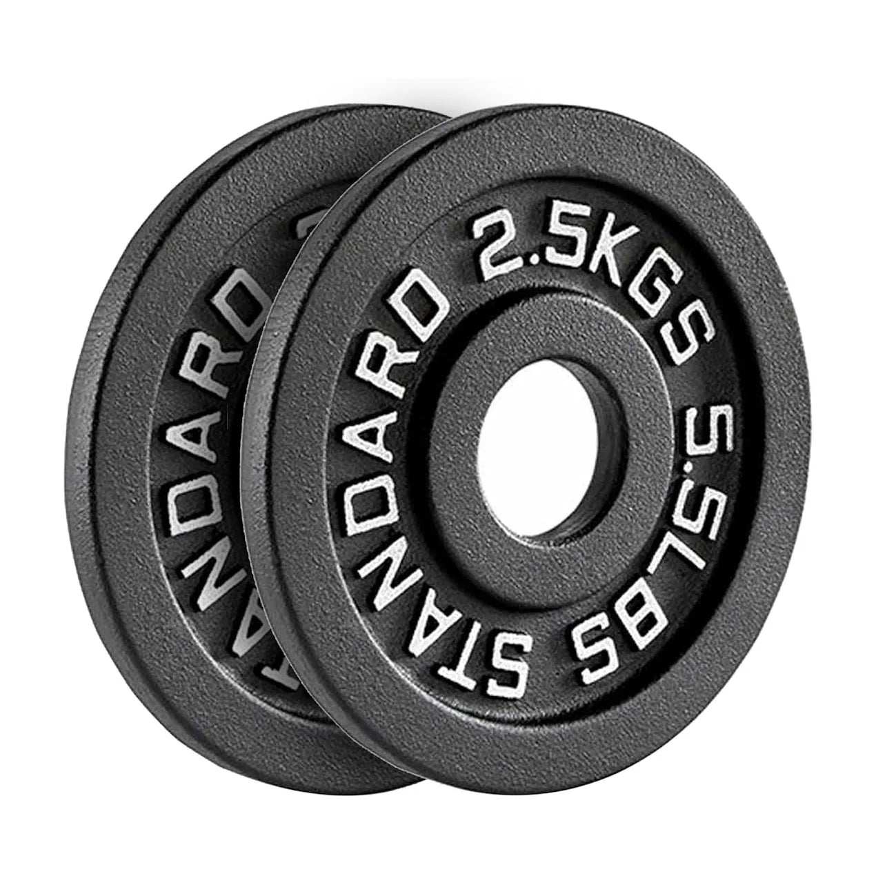 Two black weight plates with 'Standard 2.5KGS' marking on a white background