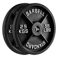 Two black weight plates with measurement labels on a white background